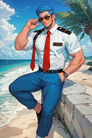 (1 image only), solo male, Wilbur, Animal Crossing, personification, blue hair, short hair, blue facial hair, jawline stubble, black eyes, (aviator sunglasses), aviation pilot uniform, white collor shirt, red necktie, epaulette, blue pants, socks, black footwear, mature, bara, handsome, charming, alluring, smile, shy, blush, large pectorals, (on all four, pov), looking at viewer, perfect anatomy, perfect proportions, (best quality, masterpiece), (perfect eyes, perfect eye pupil), perfect hands, high_resolution, seaside, summer
