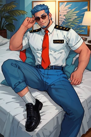 (1 image only), solo male, Wilbur, Animal Crossing, personification, pure blue hair, short hair, black eyes, blue facial hair, jawline stubble, aviation pilot uniform, white collor shirt, red necktie, epaulette, aviator sunglasses, blue pants, socks, black footwear, mature, bara, handsome, charming, alluring, grin, laying on bed, on back, arm rised, perfect anatomy, perfect proportions, (best quality, masterpiece), (perfect eyes, perfect eye pupil), perfect hands, high_resolution, indoor, perfect light
