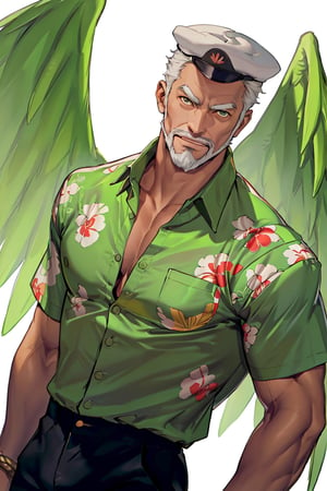 (1 image only), solo male, bara, Hogen, Tokyo Afterschool Summoners, Asain, Japanese, Tengu, old man, white hair, short hair, gold eyes, thick eyebrows, white facial hair, white beard, (small black Tokin headwear), tengu-geta, (untucked shirt:1.5), (green hawaiian shirt, partially unbuttoned shirt), black pants, mature, handsome, charming, alluring, standing, upper body in frame, perfect anatomy, perfect proportions, 2D, anime, (best quality, masterpiece), (perfect eyes, perfect eye pupil), high_resolution, dutch angle, Tokyo city street, better_hands, green wings