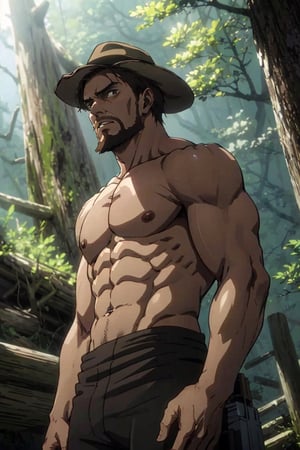 solo male, Artur Braus, Attack on Titan Anime style, hunter, shaggy brown hair, brown eyes, sideburns, beard, thin goatee, topless, shirtless, black pants, brown hat, mature, handsome, charming, alluring, standing, upper body, perfect anatomy, perfect proportions, best quality, masterpiece, high_resolution, dutch angle, cowboy shot, photo background, forest
