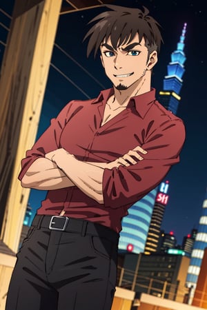 (1 image only), solo male, Jay Chiang, Great Pretender Razbliuto, Asian, Taiwanese, modern Taipei city, night cityscape, Taipei 101, 2d, anime, flat, black hair, short hair, high fade, goatee, thick eyebrows, (brown eyes), (pure red collared shirt, red sleeves rolled up:1.2) black pants, socks, leather shoes, smile, crossed arms, mature, handsome, charming, alluring, standing, upper body, perfect anatomy, perfect proportions, (best quality, masterpiece), (perfect eyes:1.2), perfect hands, high_resolution, dutch angle, cowboy shot, 