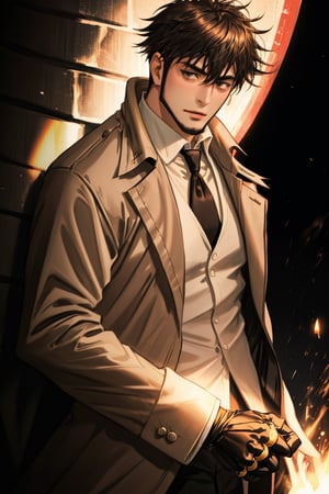 solo male, Genma Shizume, Asian, Japanese, black hair, chinstrap beard, sideburns, black eyes, calm eyes, slitty eyes, intense gaze, blush, shy, (dress in layers), 3 Piece Suit, white collared shirt, black necktie, black suit jacket, , (light brown trench coat, open trench coat:1.2), black pants, black gloves, mature, masculine, handsome, charming, allurin, smile, upper body, perfect anatomy, perfect proportions, (best quality, masterpiece, high_resolution:1.3), (perfect eyes, perfecteyes:1.3)