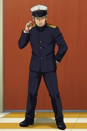 source_anime , anime coloring,  Toshiyuki Kadokura, GKToshiyuki, two-tone hair, black/grey hair, short hair, black eyes, thick eyebrows. bags under eyes, long sideburns, facial hair, stubble, Toshiyuki_outfit01, Abashiri Prison jailer uniform\(Golden Kamuy\), black tunic jacket, epaulettes, black pants, black shoes, peaked cap, white peaked cap adorned with single star,

