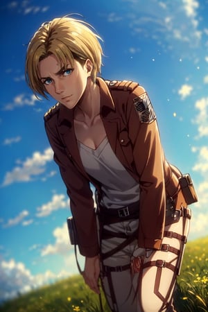 1girl, solo, Nanaba, Attack on Titan, blue eyes, wore standard Survey Corps uniform with a light-colored v-neck underneath, (blond hair, short hair), petite build, beautiful, handsome female, charming, alluring, gentle expression, soft expression, calm, smile (standing), (full body in frame), simple background, green plains, sky, dawn light, cinematic light, perfect anatomy, perfect proportions, 8k, HQ, HD, UHD, (best quality:1.5, hyperrealistic:1.5, photorealistic:1.4, madly detailed CG unity 8k wallpaper:1.5, masterpiece:1.3, madly detailed photo:1.2), (hyper-realistic lifelike texture:1.4, realistic eyes:1.2), picture-perfect face, perfect eye pupil, detailed eyes, dynamic, (dutch angle), (side view), AttackonTitan,perfecteyes, Nanaba,1 girl