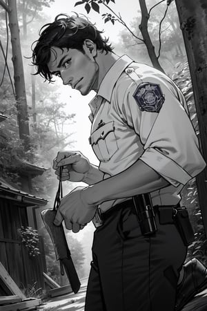 (1 image only), solo male, Agawa Daigo, Gannibal, Asian ,Japanese, black hair, short hair, thin stubble, black eyes, policeman, white collared shirt, dark blue pants, roll up sleeves,dark blue pants, black shoes , mature, handsome, charming, alluring, perfect anatomy, perfect proportions, (best quality, masterpiece), (perfect eyes), perfect hands, high_resolution, dutch angle, cowboy shot, rural .pastoral, forest, creep, suspense, horror, manga, greyscale, monochrome, best quality