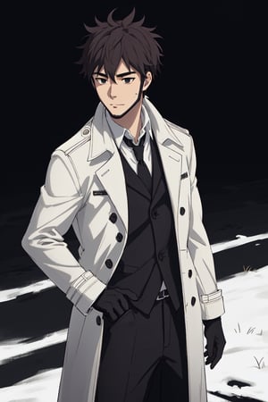 solo male, Genma Shizume, Asian, Japanese, black hair, chinstrap beard, sideburns, black eyes, slitty eyes, (white collared shirt, black neckti, black jacket), ((brown overcoat, open overcoat)), black pants, black gloves, mature, handsome, charming, allurin, smile, standing, upper body, perfect anatomy, perfect proportions, (best quality, masterpiece, high_resolution:1.3), perfect eyes, dutch angle, cowboy shot
