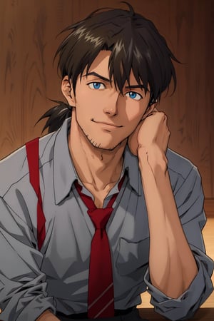 (1 image only), solo male, Ryoji Kaji, Neon Genesis Evangelion, Asian, Japanese, dark brown hair, bangs, short ponytail, dark brown eyes, (thin stubble), blue collared shirt, red sleeves rolled up, necktie, black pants, smile, (mature, masculine), handsome, charming, alluring, (head rest), pov, upper body, table, perfect anatomy, perfect proportions, 2D, anime, (best quality, masterpiece), ((perfect eyes, perfect eye pupil)), perfect hands, high_resolution, dutch angle