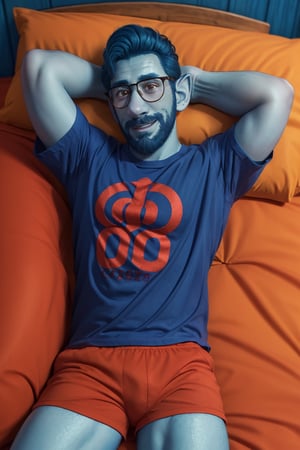 (1 image only), solo male, Wilden Lightfoot, Pixar Animation Onward, blue skin, dark blue hair, short hair, brown eyes, thick eyebrows, pointy ears, facial hair, beard, black-framed-glasses, (red t-shirt:1.2), khaki shorts, mature, bara, dilf, handsome, charming, alluring, slight smile, lying on bed, on back perfect anatomy, perfect proportions, (best quality, masterpiece), (perfect eyes, perfect eye pupil), perfect hands, high_resolution, both hands behind head