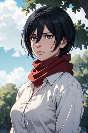Mikasa Ackerman(black hair,:1.2), (grey-blue eyes:1.2), fit body, red scarf, pure white collared shirt, charming, alluring, dejected, depressed, sad, (standing), (upper body in frame), simple background, under the tree, shadows of tree and leaves, cloudy blue sky, medieval european towns in distant, green plains, only 1 image, perfect anatomy, perfect proportions, perfect perspective, 8k, HQ, (best quality:1.5, hyperrealistic:1.5, photorealistic:1.4, madly detailed CG unity 8k wallpaper:1.5, masterpiece:1.3, madly detailed photo:1.2), (hyper-realistic lifelike texture:1.4, realistic eyes:1.2), picture-perfect face, perfect eye pupil, detailed eyes, realistic, HD, UHD, (front view, symmetrical picture, vertical symmetry:1.2), look at viewer, tear in eyes,1 girl
