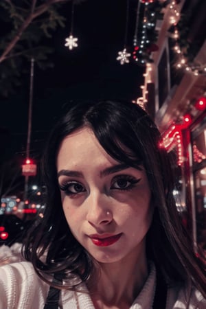(Masterpiece), woman, Top Quality, High Resolution, Highly Detailed, Detailed Background, Perfect Lighting, Outdoors, Night City, christmas time, Staring at Others, Staring at Others, snow, bokeh, depth of the field, black top, selfie, medium shot,photorealistic