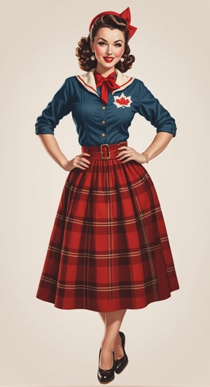 1 woman,wearing traditional canadian clothes,illustration,pin up style,simple background,full body