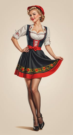 1 woman,wearing traditional german clothes,illustration,pin up style,simple background,full body