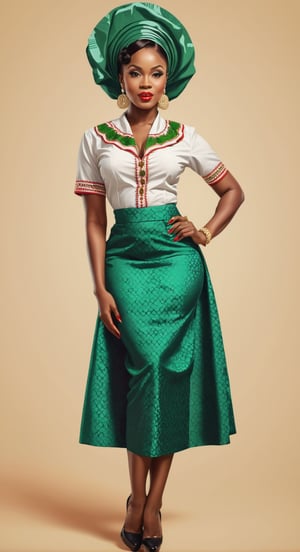 1 woman,wearing traditional nigerian clothes,illustration,pin up style,simple background,full body
