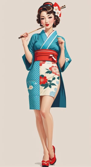 1 woman,wearing japanese clothes,illustration,pin up style,simple background,full body