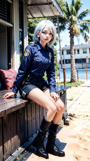 1girl,purple hair,showing legs,8K,standing in the beach,dark blue-color,police officer uniform,shorts,boots, heterochromia,white hair,sitting,