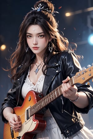background is music stage,rock band,spot lights, 18 yo, 1 girl, beautiful korean girl, big eyes, stanging on stage, holding an electric guitar, wearing black bike jacket, happy smile,solo, {beautiful and detailed eyes}, dark eyes, calm expression, delicate facial features, ((model pose)), Glamor body type, (dark hair:1.2),very long hair,curly hair,hair_past_waist, simple tiny necklace,simple tiny earrings, flim grain, realhands, masterpiece, Best Quality, 16k, photorealistic, ultra-detailed, finely detailed, high resolution, perfect dynamic composition, beautiful detailed eyes, eye smile, ((nervous and embarrassed)), sharp-focus, full_body, guitar,cowboy_shot,colorful_girl_v2, looking at viewer,masterpiece,((Guitarist)),