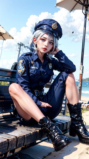 1girl,purple hair,showing legs,8K,sitting in the beach,dark blue-color,police officer uniform,shorts,boots, heterochromia,white hair,hat,