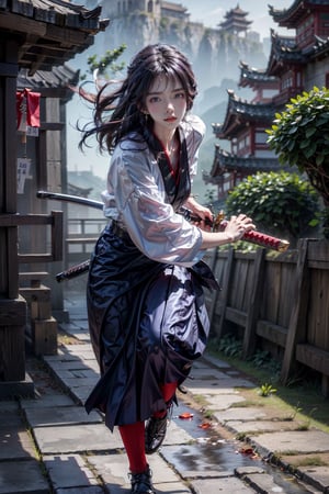 masterpiece, best quality, ultra realistic illustration, 16K, (HDR), high resolution, female_solo, slender hot body proportion, looking at viewer, big eyes, beautiful korean girl, 1 female samurai , holding sword katana+battoujutsu, (wearing highly detailed red haori+hakama skirt), full-body shot, (purple long hair:1.0), (green eyes:1.0), highly detailed background of ancient Chinese architecture, add More Detail,Enhance,chinatsumura,tianqiong