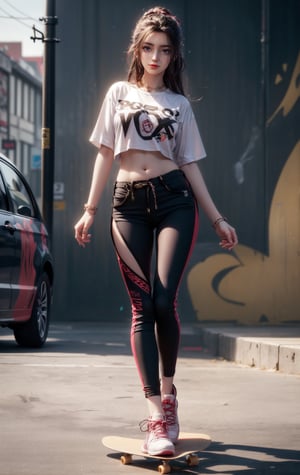 1 girl, beautiful korean girl, looking at viewer, 18yo, over sized eyes, big eyes, smiling, HDR raw photo, silver long hair, ahoge, urban and street style, graffiti-inspired colors, cool and edgy attire, tight T-shirt, show navel,show waist,stylish sneakers, fashionable accessories, hip hop jewelry, confident expression, graffiti walls, energetic and vibrant atmosphere, dynamic pose, looking at viewer,masterpiece,best quality,long legs,((long skateboard)),((sport pose)),long land,skateboarding,