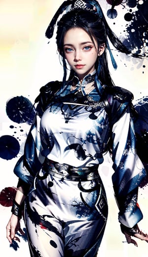 8k, (absurdres, highres, ultra detailed), (1 girl:1.3), EpicArt,Chinese ink paint, ((colorful water inkSpot)) ,black and white,Chinese style, burgundy-blue theme, full body,chinese_clothes,ink splash,