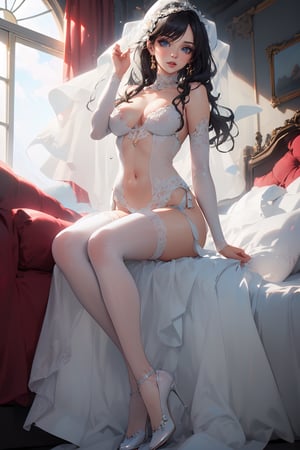 dakimakura (object) ,(lying in the bed:1.2) , (the mature woman, she is a bride, (she wears a white wedding dress, a white veil on her head), (she wears the white bridal gauntlets) , (She wears the white stockings) , (she wears white high heels),covered navel, long hair, red eyeshadow, long eyelashes, highly detailed, highres, (perfect face:1.3), (detailed face:1.3), (detailed eyes:1.3),(detailed mouth:1.3), (perfect hands:1.05), (perfect fingers:1.05), (big boobs:1.4, clevage), shy , (light black eyes:1.1),(black hair:1.3))