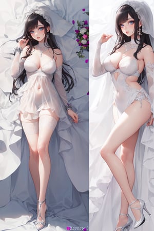 (dakimakura (medium):1.1) ,(full-body_portrait:1.1), (the mature woman, she is a bride, (she wears a white wedding dress, a white veil on her head), (she wears the white bridal gauntlets) , (She wears the white stockings) , (she wears white high heels),covered navel, long hair, red eyeshadow, long eyelashes, highly detailed, highres, (perfect face:1.3), (detailed face:1.3), (detailed eyes:1.3),(detailed mouth:1.3), (perfect hands:1.05), (perfect fingers:1.05), (big boobs:1.4, clevage), shy , (light black eyes:1.1),(black hair:1.3))