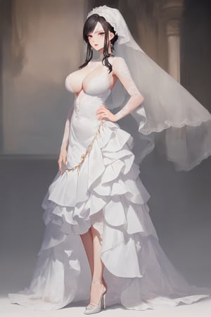 (tachi-e:1.2) ,(full-body_portrait:1.5),stand on the stage , (the mature woman, she is a bride, (she wears a white wedding dress, a white veil on her head), (she wears the white bridal gauntlets) , (She wears the white stockings) , (she wears white high heels), long hair, red eyeshadow, long eyelashes, highly detailed, highres, (perfect face:1.3), (detailed face:1.3), (detailed eyes:1.3),(detailed mouth:1.3), (perfect hands:1.05), (perfect fingers:1.05), (big boobs:1.4, clevage), shy , (light black eyes:1.1),(black hair:1.3))