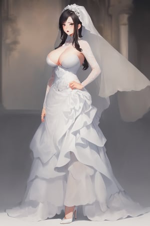 (tachi-e:1.2) ,(full-body_portrait:1.5),stand on the stage , (the mature woman, she is a bride, (she wears a white wedding dress, a white veil on her head), (she wears the white bridal gauntlets) , (She wears the white stockings) , (she wears white high heels), long hair, red eyeshadow, long eyelashes, highly detailed, highres, (perfect face:1.3), (detailed face:1.3), (detailed eyes:1.3),(detailed mouth:1.3), (perfect hands:1.05), (perfect fingers:1.05), (big boobs:1.4, clevage), shy , (light black eyes:1.1),(black hair:1.3))