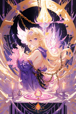 detailed anime style, beautiful and stunning artwork, purple clothes, shimmering shadows, strong colors, candy cotton pastel colors, young girl, tsundere, young elf girl, golden baculum, light blonde straight voluminous hair with braids and accessories, long hair, purple eyes, side leak robes. pink cloth details. magic gadgets, orbs, lamps, poles, lampshade, ornate background with white and pink lights, purple front robes with pink details, side of the body shown, side nudity, arms shown, golden belt, chain details, sorcerer, conjuring magic, by Yoshitaka Amano, CLAMP, Dungeons and Dragons, acrylic art, pastel colors, sideboob, holding a magic fireball, fireball, magic, side-open long skirt,ink,fantasy00d,monochrome,amano yoshitaka,DonMDj1nnM4g1cXL ,Fantasy