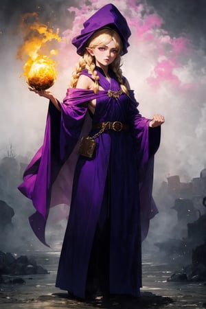 detailed anime style, beautiful and stunning artwork, purple clothes, shimmering shadows, strong colors, candy cotton pastel colors, fullbody, young girl, tsundere, young elf girl, golden baculum, light blonde straight voluminous hair with braids and accessories, long hair, purple eyes, side leak robes. pink cloth details. Medieval, ornate background with white and pink lights, purple front robes with pink details, side of the body shown, side nudity, arms shown, golden belt, chain details, sorcerer, conjuring magic, by Yoshitaka Amano, CLAMP, Dungeons and Dragons, acrylic art, pastel colors, sideboob, holding a magic fireball, fireball, magic, side-open long skirt,ink,fantasy00d,monochrome,amano yoshitaka