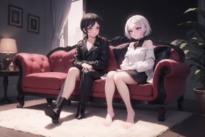 One_girl, one_man, perfect_face, high_detailed_skin, skin_pores, cinematic_lighting, full_body, Skg_marie, sitting_down_on_two_sofas, looking_at_each_other, The_character_must_be_happy 