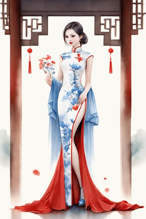 a beautiful chinese woman wearing traditional Cheongsam dress,  full body,  Chinese garden as background,  blue and red and white contrast,  watercolor,  centered,  dynamic pose,  extremely detailed,  sharp focus,  show genitailia,  detailed genitalia,  cross legs, Hand-held uchiwa