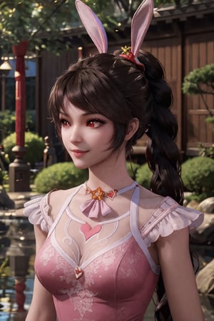 8K , 10 years old, 1girl, masterpiece, best quality, highly detailed, sharp focus, dynamic lighting, texture detail, particle effects, full body, Full Length Shot, black hair, red hair accessories, white Gorgeous dress , dynamic pose,  bunny ears  , royal red pupils, red ribbon bow, ponytail , lace, Ultra-long braid hair ,  Realistic, smile , The body is surrounded by a colorful aura ,  Chinese-style garden , sitting 

photorealistic , perfect , hand , fingers , 