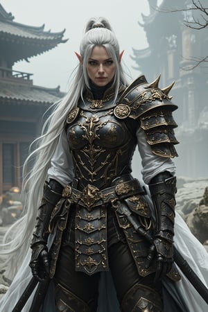 Depict a highly realistic portrait of a tall, imposing asina female elven ninja, golden white armor, clad in dark, layered samurai armor.Their silver-white hair is tied back, contrasting sharply with the white and gold elements of their attire. Her piercing eyes are visible, adding an air of mystery and danger. The armor is meticulously detailed, with leather straps, metal plates, and gold accents that highlight the character's stature. The background is shrouded in mist, with the outlines of traditional Japanese architecture barely visible, enhancing the mystical ambiance. Soft, diffused lighting should capture the textures and details of the scene, bringing a sense of depth and realism to the character and their surroundings. dynamic_pose, aesthetic_pose, With one foot forward and one hand resting on a katana, her stance alert as the fog shifts around her.