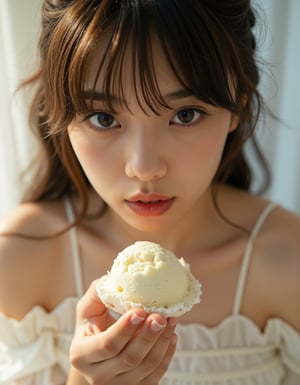 A cinematic masterpiece: a close-up shot of a stunning young woman in a flowing white dress, her pouty lips pursed as she gazes directly at the viewer with a hint of mischief. Her rich brown hair cascades down her back like a waterfall of darkness. A scoop of creamy ice cream melts slowly from her grasp, stretching forward like an offering to the audience. The soft bokeh and high-key light dance across her features, casting a warm glow on her porcelain skin. The background fades to pure white, allowing the subject's exquisite facial anatomy to take center stage. Her hands and fingers are rendered with precision, as if she might reach out and pluck a sunbeam from the air. In this indoor setting, the high-contrast exposure yields deep shadows that only add to the allure of her frozen pose.