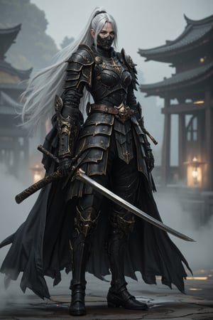 Depict a highly realistic portrait of a tall, imposing asina female elven ninja, holy armor, clad in dark, layered samurai armor.Their silver-white hair is tied back, contrasting sharply with the black and gold elements of their attire. Only their piercing eyes are visible above a black face mask, adding an air of mystery and danger. The armor is meticulously detailed, with leather straps, metal plates, and gold accents that highlight the character's stature. The background is shrouded in mist, with the outlines of traditional Japanese architecture barely visible, enhancing the mystical ambiance. Soft, diffused lighting should capture the textures and details of the scene, bringing a sense of depth and realism to the character and their surroundings. dynamic_pose, aesthetic_pose, With one foot forward and one hand resting on a katana, her stance alert as the fog shifts around her.