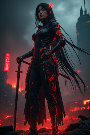 Cyborg Geisha Triumph: A futuristic warrior stands tall amidst a smoldering metropolis, raven-black tresses cascading like a waterfall down her back as she grips her katana with both hands. Neon-embellished samurai armor glows in the dimly lit cityscape, where red and black hues of chaos swirl behind her. Neon-lit smoke wafts through the air, casting an eerie glow on the battlefield's ruins.