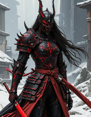 cyberpunk style, a stunning japanese female warrior, long flowing hair, wearing samurai armour and helmet, holding a katana with both hands on a snowy battlefield, theme in neon, red and black colour, high quality, highly detailed,fantasy armor,holy armor,devil armor,armor