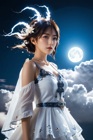 In a masterpiece of ethereal beauty, a female sentient cloud, Hinaigirl, takes center stage. Her constantly shifting form is adorned with a swirling ensemble of vapor and lightning, inspired by the intricacies of atmospheric phenomena. Wearing avant-garde attire and headdress, she shines under the soft glow of the moon and stars. Against a vast open sky filled with swirling clouds and distant thunderstorms, Hinaigirl's hyperdetailed features sparkle: her refined details include a very stylish modern haircut, mesmerizing radiant face, and beautiful eyes that seem to hold the power of the storm.