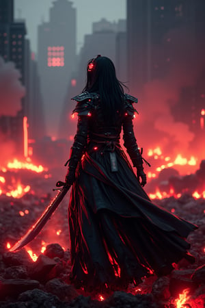 A cyborg geisha stands triumphantly amidst a smoldering metropolis, her raven-black tresses flowing like a waterfall down her back, framing her determined pose. Wearing samurai armor with neon accents, she holds her katana firmly in both hands, its gleaming blade reflecting the pulsating red and black hues of chaos behind her. Amidst the battlefield's ruin, neon-lit smoke billows through the air, casting an eerie glow on the devastated landscape.