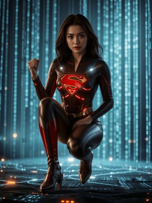 Here's a photorealistic prompt for the scene:

Superwoman crouches in a powerful stance, her suit glowing with a subtle 'S' emblem. Her body seamlessly blends into the digital void below, as binary code cascades from her form like waterfalls of light. One fist rests on the ground, while the other is raised defensively, framing her strong facial features and intricate skin texture. From behind her, an over-the-shoulder shot captures her gaze into the digital world she's merging with, silhouetted against a backdrop of glowing code. Cinematic lighting accentuates every detail: accurate body anatomy, precise hands and fingers, and lifelike portrayal. In the distance, sharp background details fade into the void, as Superwoman stands firmly in a dynamic pose, fully clothed and ready for action.