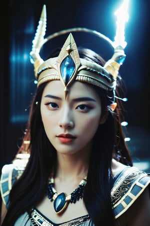 Close-up shot of Anubis' pure face. The Egyptian goddess of Death, with pale skin and freckles, sports a HR Giger-inspired linen armored hanfu and an ornate crown that glows with a translucent blueish gemstone emitting electrical sparks and lightning flashes. Dark background shrouds the scene in mystery. Atmospheric haze and film grain add texture, while shallow depth of field creates intimacy. The image is highly detailed, cinematic, and moody, like a 2000s vintage RAW photo. Eye-catching highlights and atmospheric lighting create an otherworldly ambiance.,bohoai hinaigirl