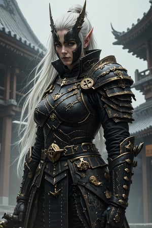 Depict a highly realistic portrait of a tall, imposing asina female elven ninja, holy armor, clad in dark, layered samurai armor.Their silver-white hair is tied back, contrasting sharply with the black and gold elements of their attire. Only their piercing eyes are visible above a black face mask, adding an air of mystery and danger. The armor is meticulously detailed, with leather straps, metal plates, and gold accents that highlight the character's stature. The background is shrouded in mist, with the outlines of traditional Japanese architecture barely visible, enhancing the mystical ambiance. Soft, diffused lighting should capture the textures and details of the scene, bringing a sense of depth and realism to the character and their surroundings. dynamic_pose, aesthetic_pose, With one foot forward and one hand resting on a katana, her stance alert as the fog shifts around her.