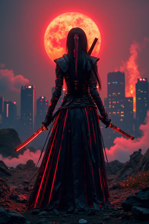 A cyborg geisha stands triumphantly amidst a smoldering metropolis, her raven-black tresses flowing like a waterfall down her back, framing her determined pose. Wearing samurai armor with neon accents, she holds her katana firmly in both hands, its gleaming blade reflecting the pulsating red and black hues of chaos behind her. Amidst the battlefield's ruin, neon-lit smoke billows through the air, casting an eerie glow on the devastated landscape.