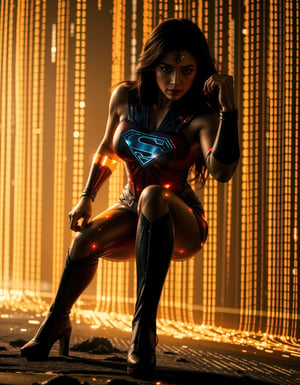 Superwoman crouches in a powerful stance, her suit glowing with a subtle 'S' emblem. Her body on fire and seamlessly blends into the digital void below, as binary code cascades from her form like waterfalls of light. One fist rests on the ground, while the other is raised defensively, framing her strong facial features and intricate skin texture. From behind her, an over-the-shoulder shot captures her gaze into the digital world she's merging with, silhouetted against a backdrop of glowing code. Cinematic lighting accentuates every detail: accurate body anatomy, precise hands and fingers, and lifelike portrayal. In the distance, sharp background details fade into the void, as Superwoman stands firmly in a dynamic pose, fully clothed and ready for action.