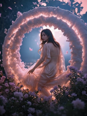 In a cinematic style, a girl poses within the curvature of a massive, translucent sphere, enveloped in see-through silk fabric that showcases her stunning physique. Delicate flower and plant arrangements adorn her surroundings, bathed in dynamic chiaroscuro's dramatic play of light and shadow. High-resolution details reveal perfect anatomy, drawing the viewer in with its awe-inspiring beauty. The scene is centered, radiating an atmosphere of mystery as the subject's captivating pose fills the frame. With a smooth, sharp focus, the illustration bursts forth in high definition, accent lighting casting an otherworldly glow amidst contrasting bright paint colors on ArtStation concept art.,bohoai girl