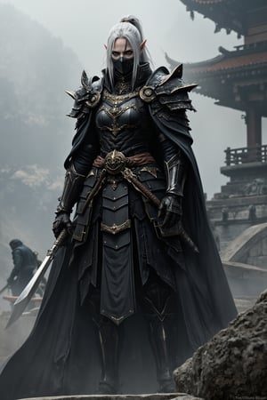 Depict a highly realistic portrait of a tall, imposing asina female elven ninja, clad in dark, layered samurai armor.Their silver-white hair is tied back, contrasting sharply with the black and gold elements of their attire. Only their piercing eyes are visible above a black face mask, adding an air of mystery and danger. The armor is meticulously detailed, with leather straps, metal plates, and gold accents that highlight the character's stature. The background is shrouded in mist, with the outlines of traditional Japanese architecture barely visible, enhancing the mystical ambiance. Soft, diffused lighting should capture the textures and details of the scene, bringing a sense of depth and realism to the character and their surroundings. dynamic_pose, aesthetic_pose, With one foot forward and one hand resting on a katana, her stance alert as the fog shifts around her.