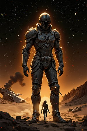 A lone spaceranger stands victorious against the inky darkness of space, helmetless visor down, striking pose radiating against the starry backdrop. The astronaut's entire figure glows with an otherworldly aura as they defy gravity with arms and legs splayed. In the distance, a crashed spaceship smolders amidst the arid desert horizon, bathed in warm golden light. A cyborg woman walks towards the viewer, gun held heavy, her striking features crafted with intricate lines and shading like pen and ink drawings. The composition weaves a tale of technological power against a dynamic backdrop where harmony resides within chaos, enhanced by super dramatic lighting.,fantasy armor,holy armor,devil armor,armor