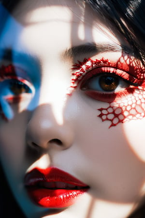 A sultry hinaigirl steps forward, worn denim and lace shrouding her enigmatic figure in the shadows. A close-up face shot captures the allure of her lips and intricately detailed eye patterns as red cosmetic glows like a goddess's aura on porcelain skin. Bokeh dissolves the background, deep fine borders framing the surreal double exposure like a masterful photorealistic portrait.