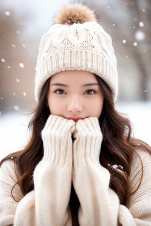 masterpiece, best quality, raw photo, realistic, 1girl, (helf-length portrait:1.5), long hair, sweater, sweater hat, supporting head on hands, (cute face, temptations look), snowing background, (sepia photography), (professional photo, balanced photo, balanced exposure)